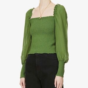 Reformation Pinto Smocked Square Neck Top Green Long Puff Sleeve XL